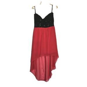 Vtg Y2K 90s Deb Strapless Mini Dress Size L Red Black Lace Hi Low HOCO Party